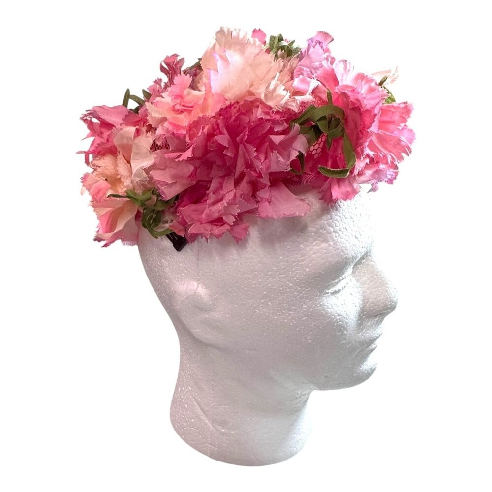 Vintage B. Altman & Co. 1960s Pink Floral Hat Carnations Roses Red Church Fancy